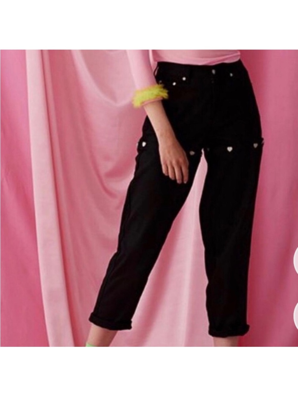 Lazy Oaf Black High-Rise Heart Detail button baggy jeans shorts size 28 GEM